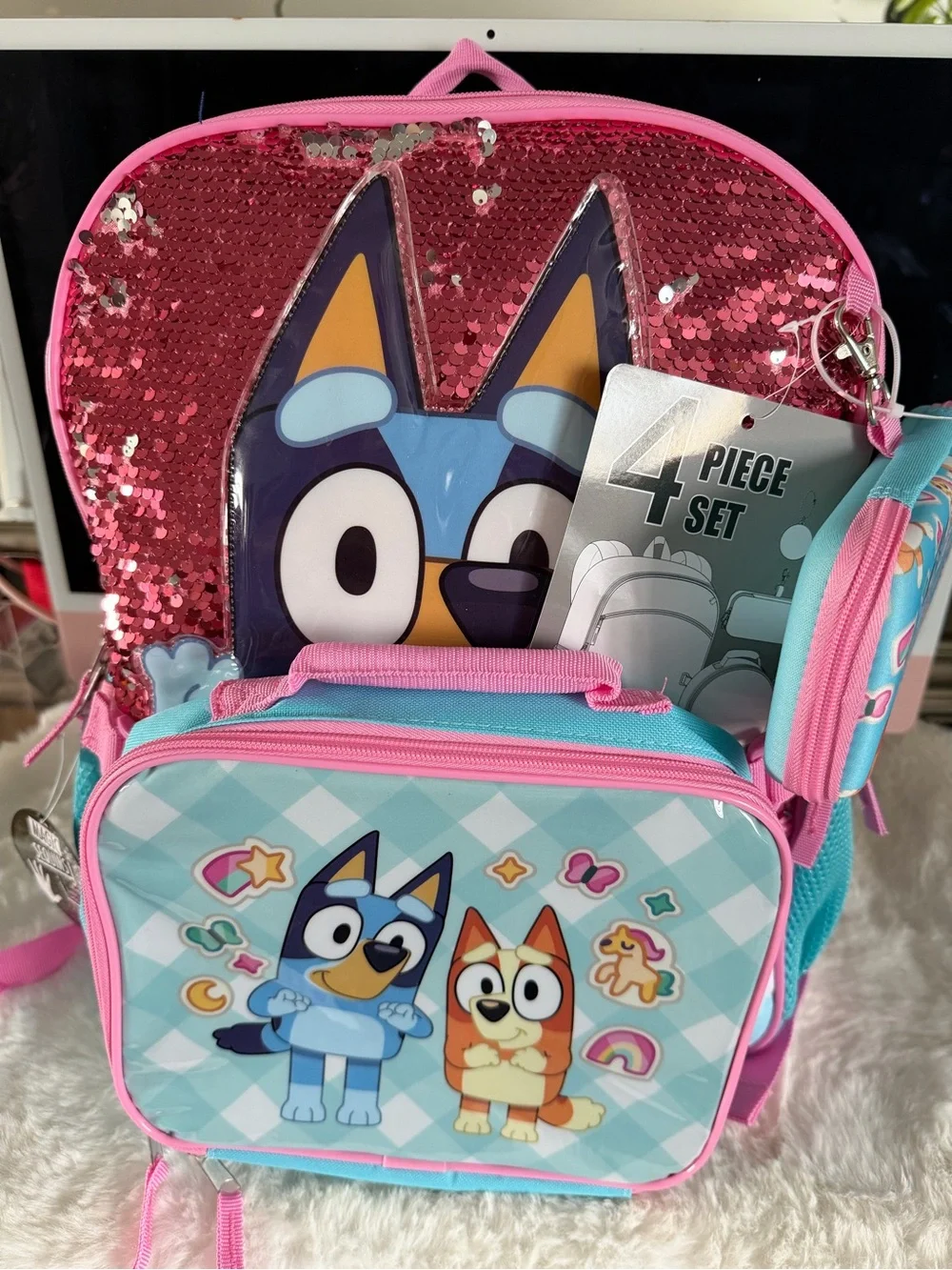 Bluey Sequin Backpack and Lunchbox Set - Pink & Aqua 16in H 12in W